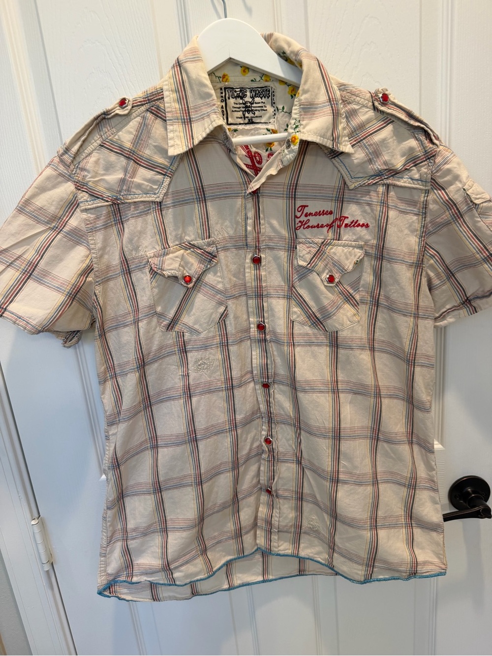 Toxic Waste LA Vintage Plaid Western Pearl Snap Shirt House of Tattoos XL Mens